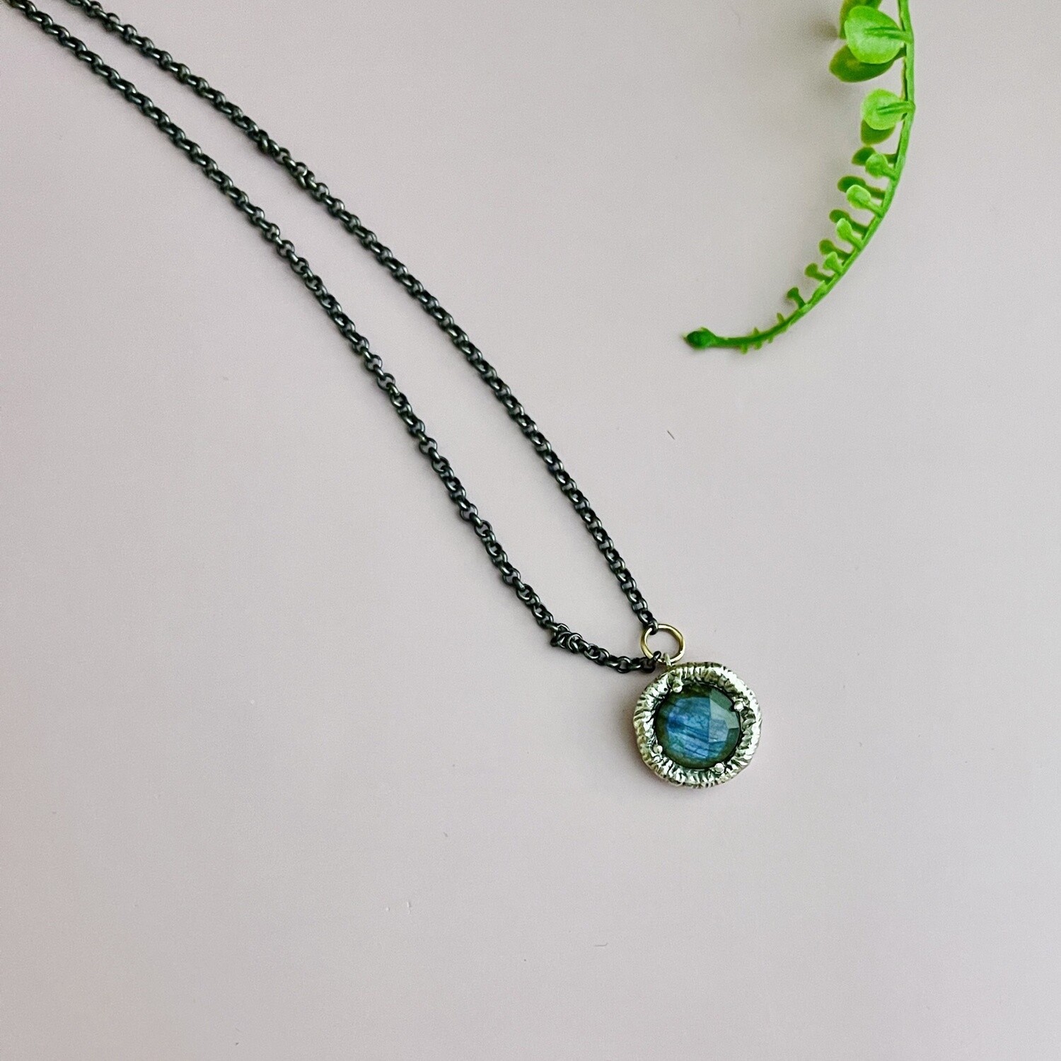 Handmade 12mm faceted labradorite set in ox sterling. 18&quot;L