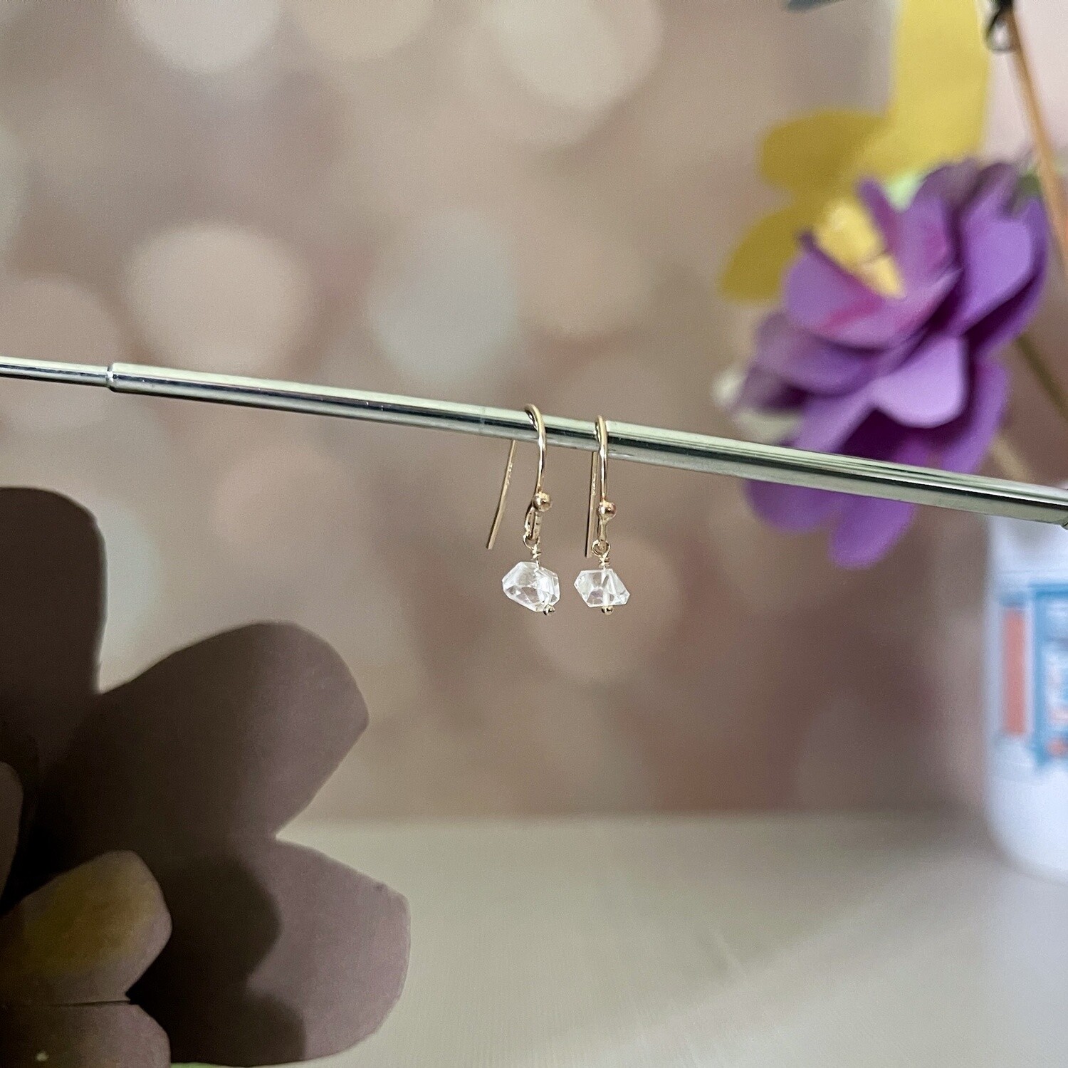 Handmade Earrings with herkimer diamond, 14 k g.f.