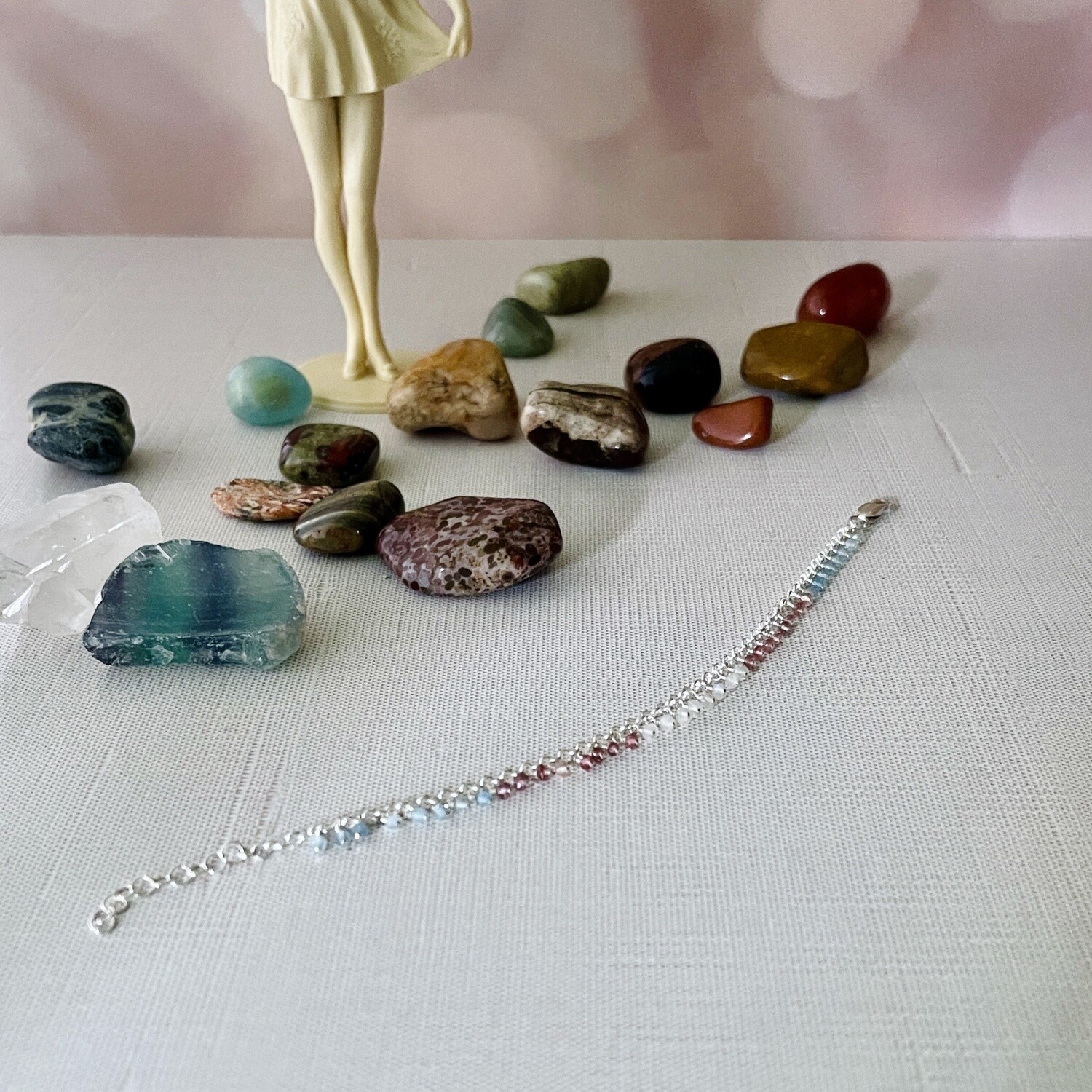 Handmade Bracelet with dangle trans pride: aquamarine, pink tourmaline, rainbow moonstone
