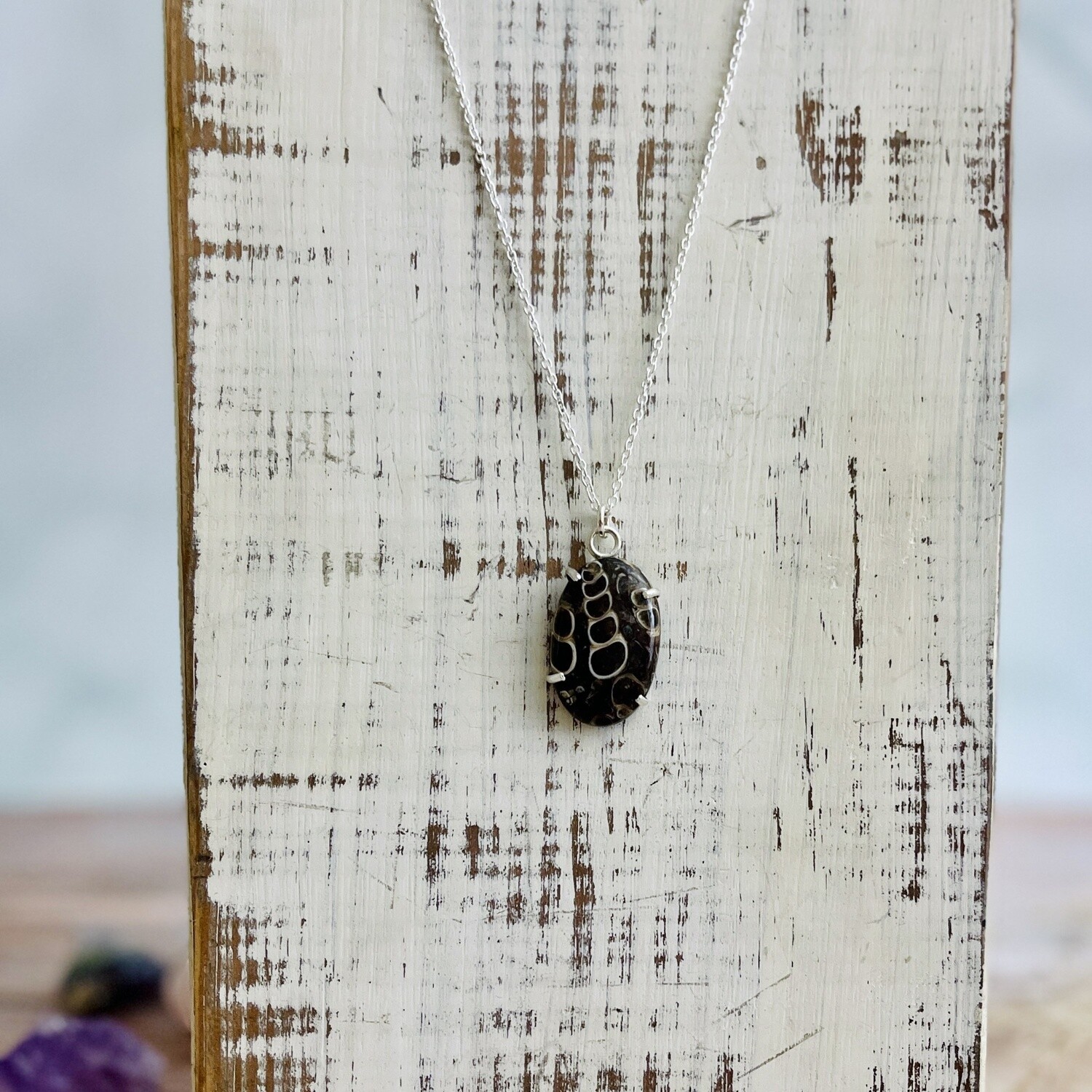Handmade Silver Necklace with prong set turritella agate