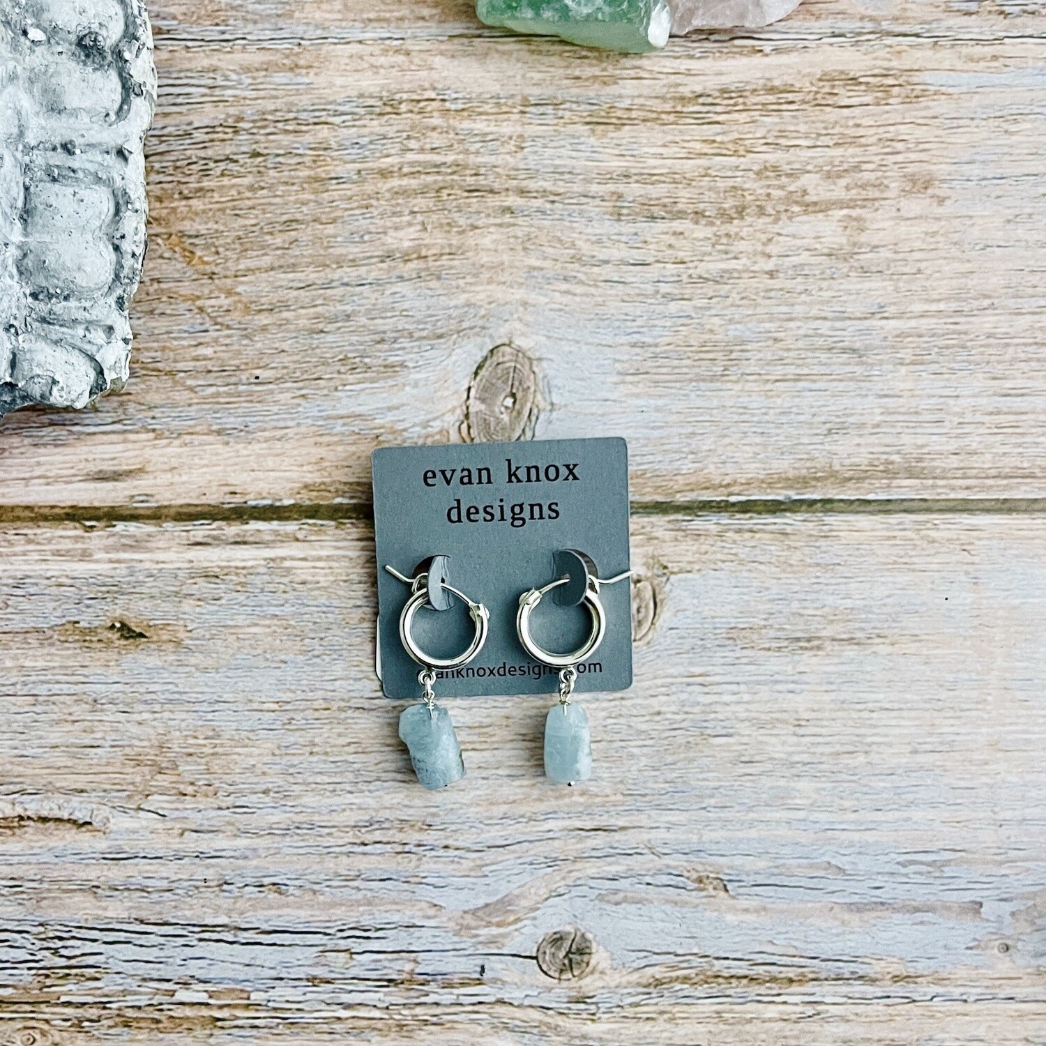 Handmade Silver Earrings with small hoop, aquamarine nugget