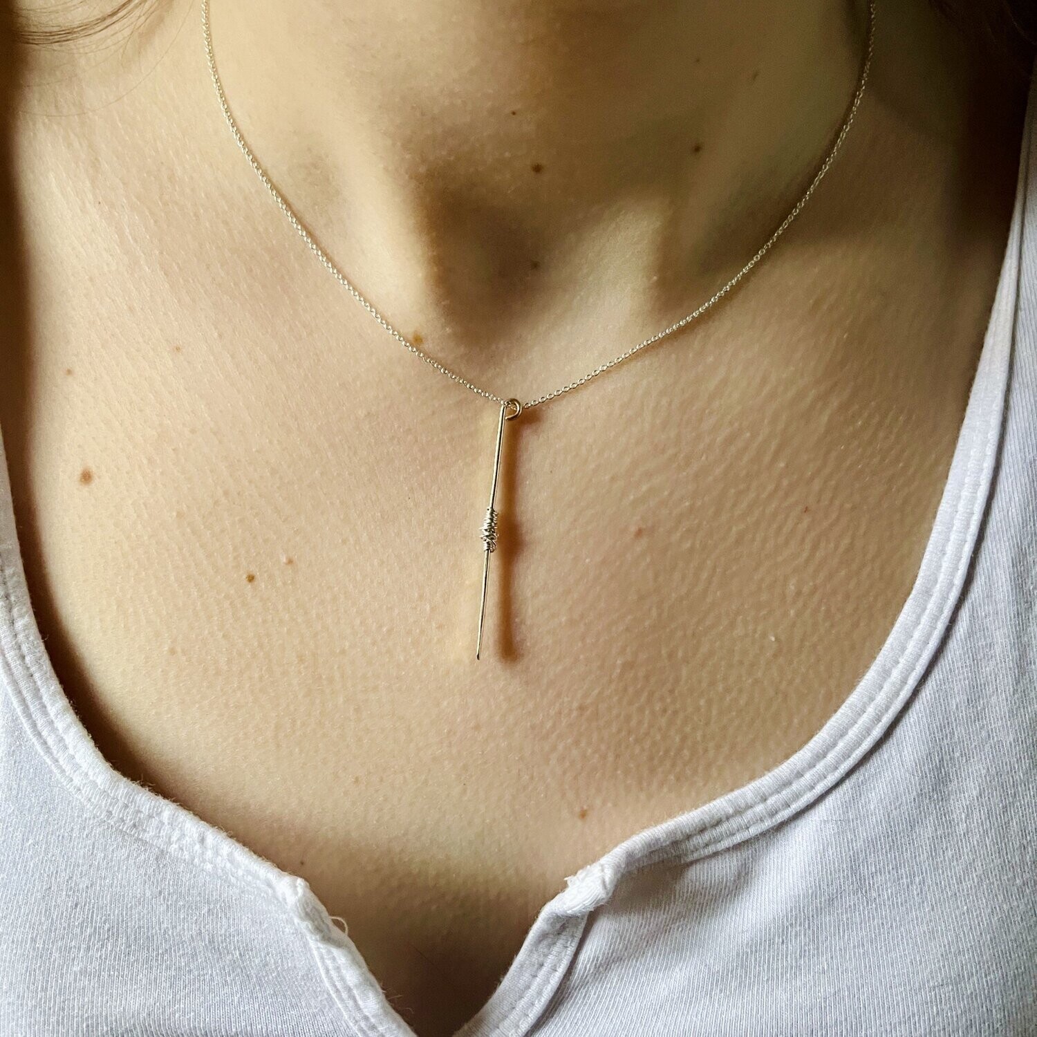 Gold Bar Necklace w/ wrapped silver wire on 18&quot; Silver Chain
