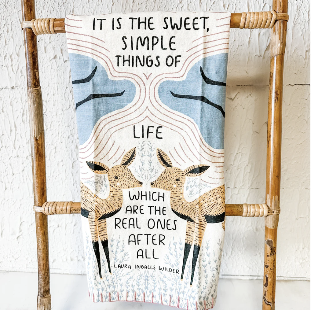 Cotton Slub Printed Tea Towel w/ Deer, Blanket Stitch &amp; Loop, Multi Color