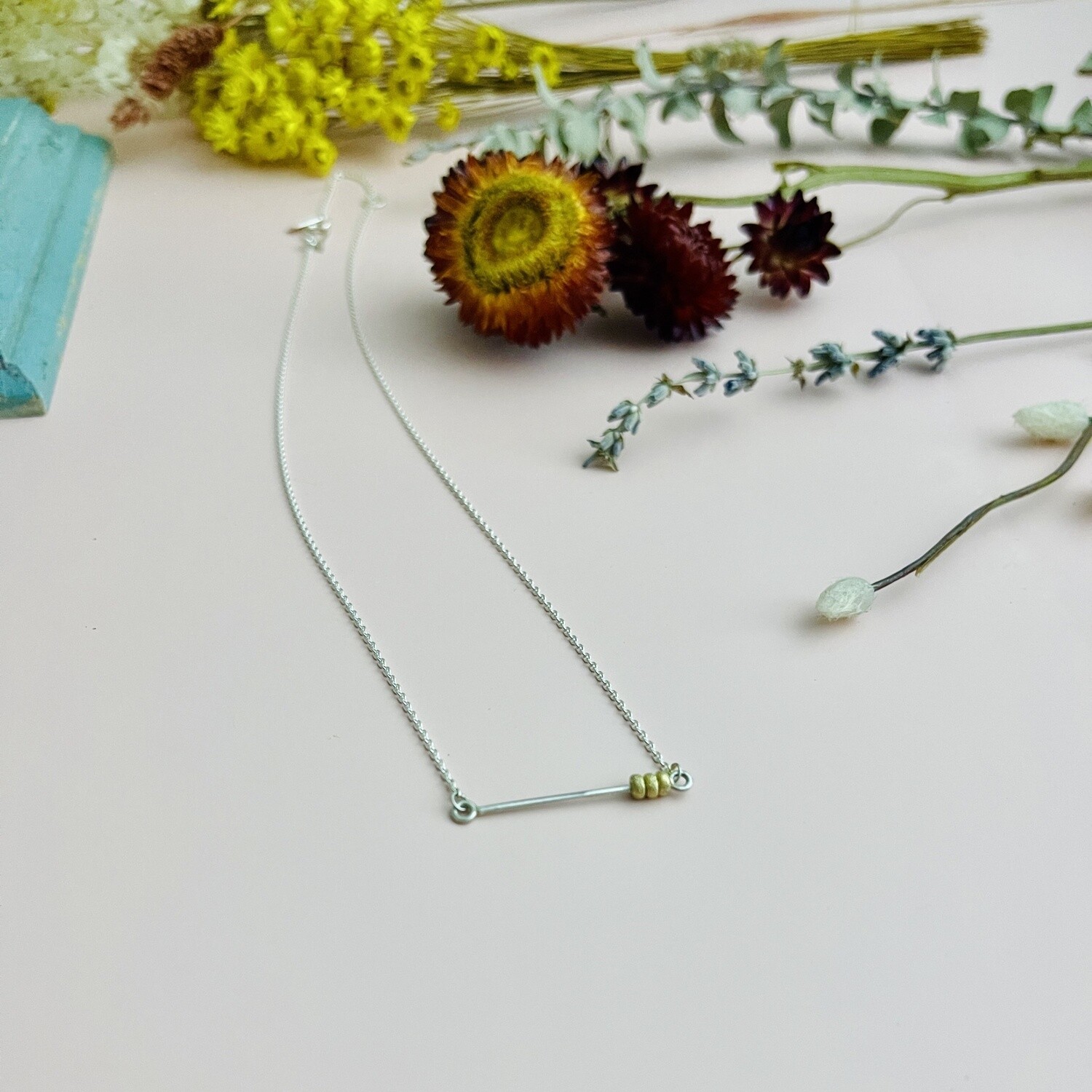 Silver Abacus Necklace w/ 3 Diamond Dusted Gold Beads (16/18&quot;)
