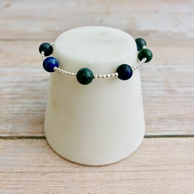 Handmade Bracelet with tiny silver squares, azurite malachite
