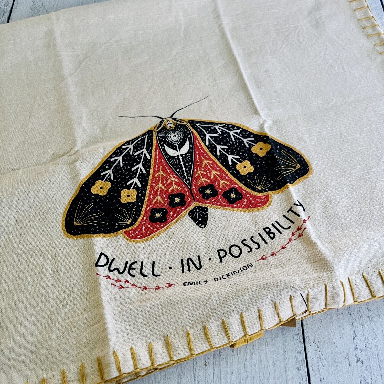 Cotton Slub Printed Tea Towel w/ Moth, Blanket Stitch &amp; Loop Multi Color