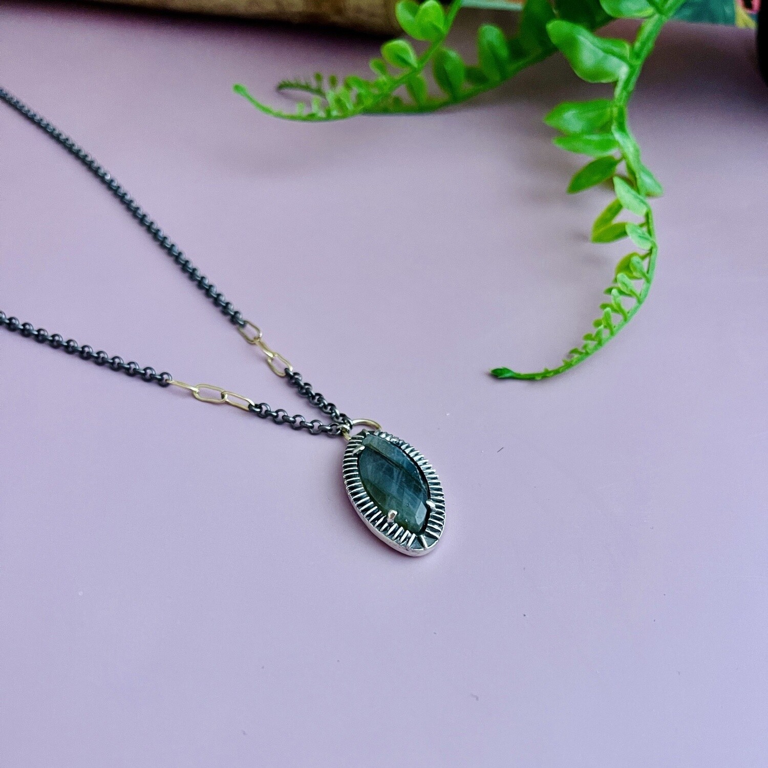 Handmade Faceted labradorite marquise set in oxidized sterling pendant&#39; 18&quot;L
