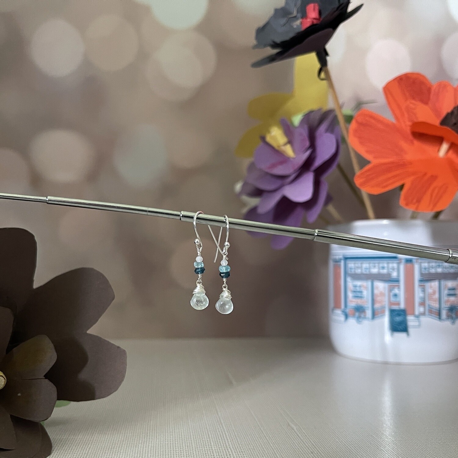 Handmade Earrings with aquamarine briolette, stack london blue topaz,rainbow moonstone, apatite
