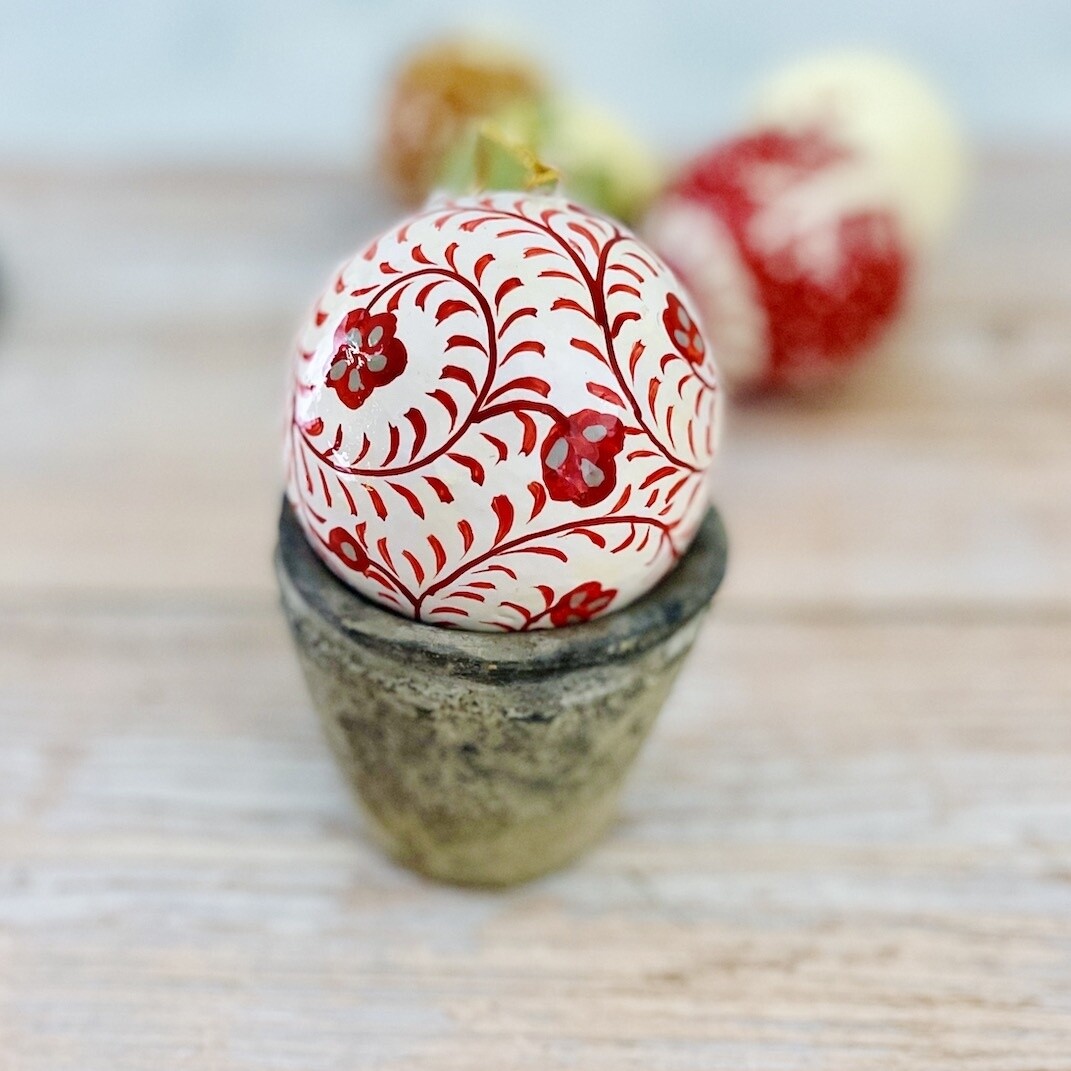 Hand-Painted Red Paper Mache Ball Ornament, 3&quot;, Style: Floral