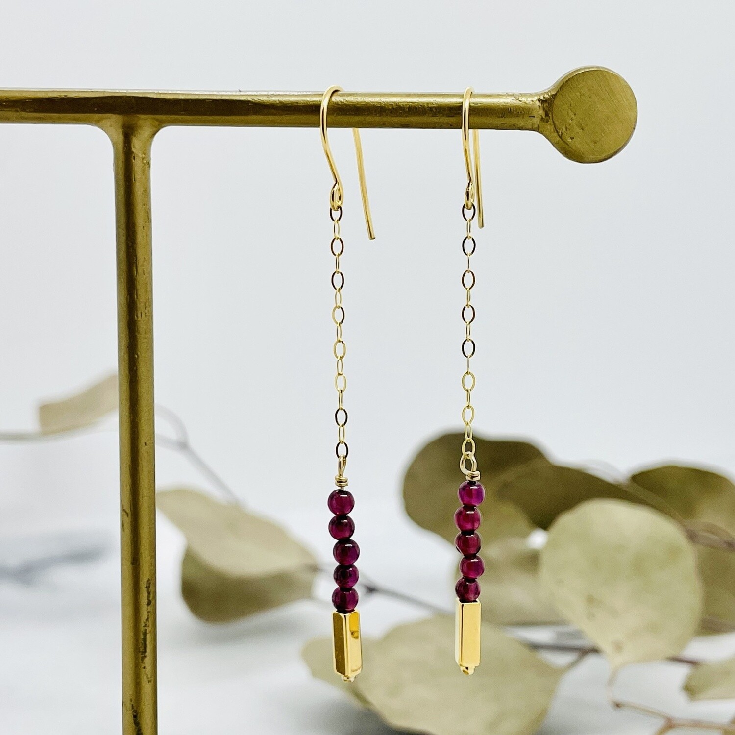 Handmade Gemstone + Gold Brick Earrings, Stone: Garnet