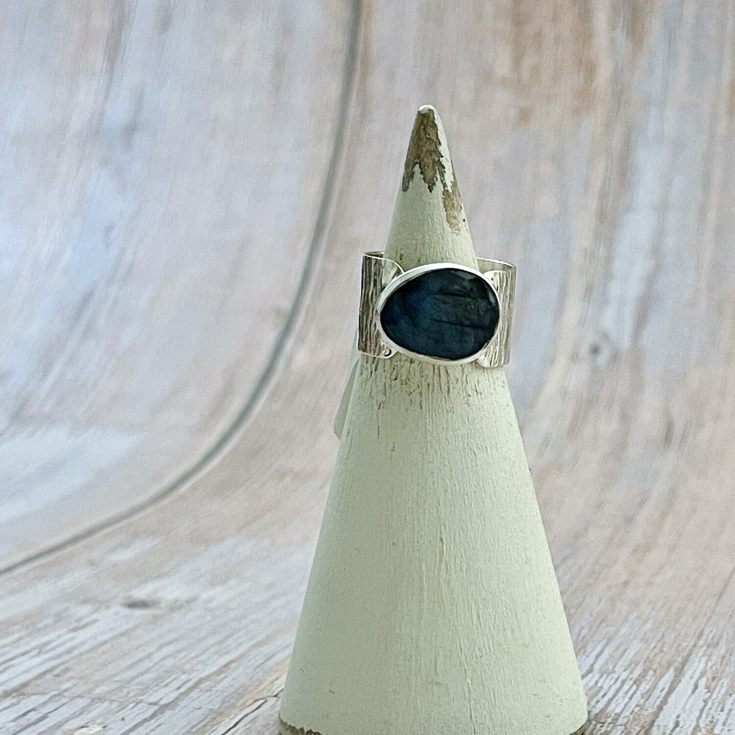 Hammered Silver Ring with Labradorite, Size: 6