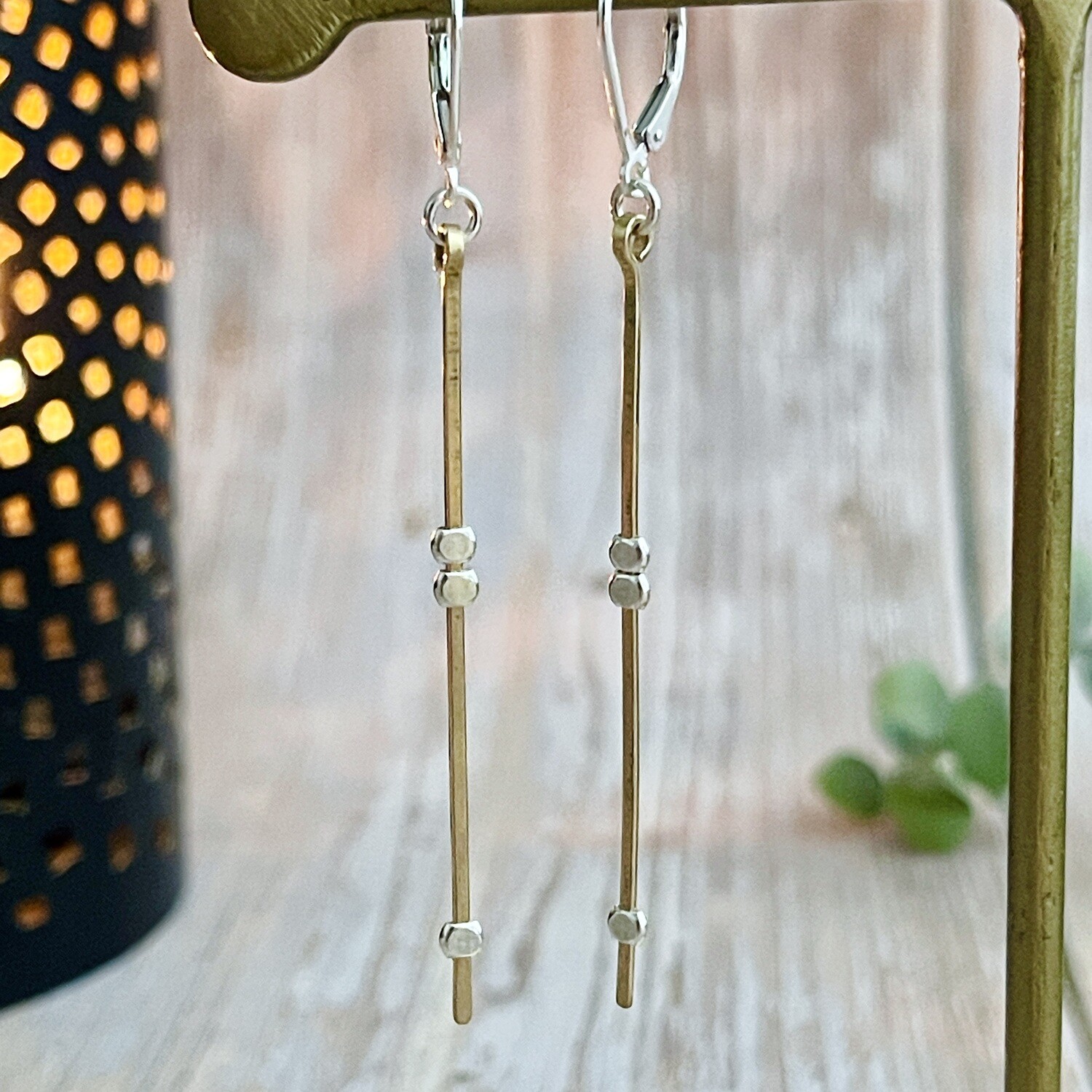 Beam Long Hammered Gold Bar and Silver Earrings