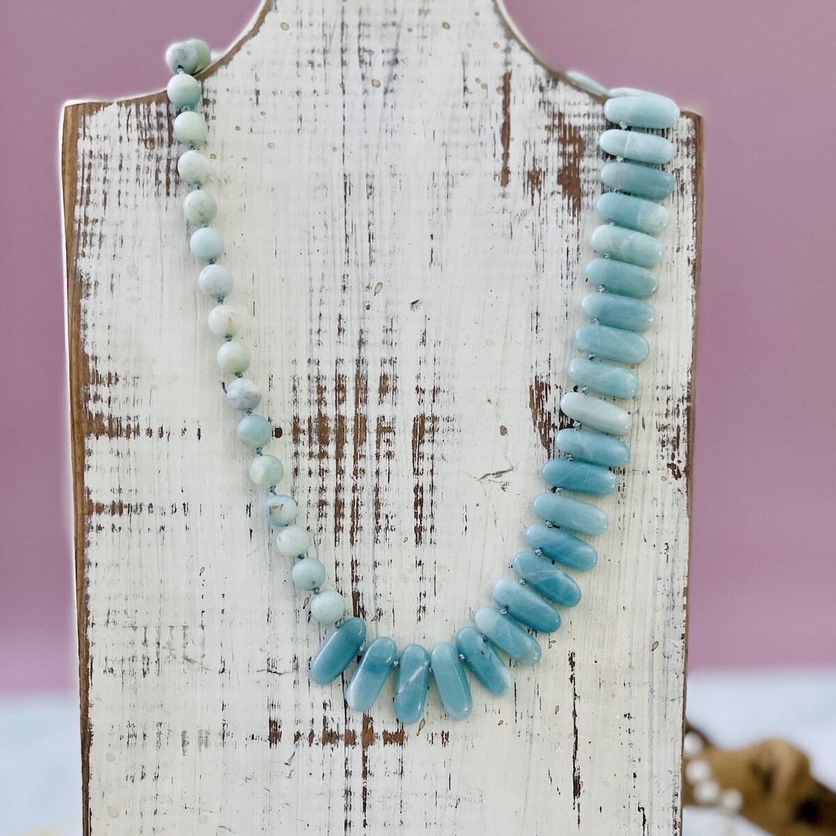 Handmade Necklace with matte amazonite and rounded briolettes knotted on hand dyed aquamarine silk