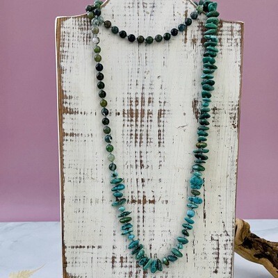 Handmade Necklace with turquoise, agate knotted on hand dyed aquamarine silk