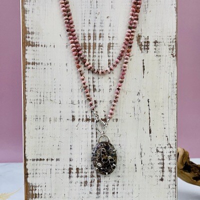 Handmade Necklace with rhodochrostite knotted on tan silk, silver carabiner, removable prong set turritella agate perndant