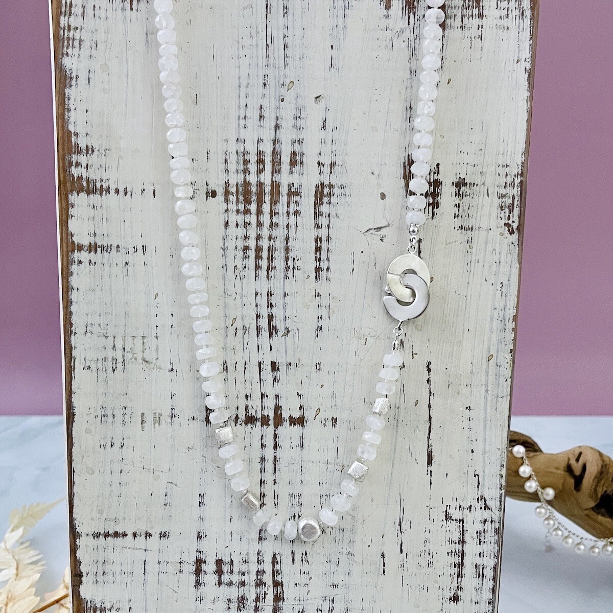 Handmade Necklace with rainbow moonstone, brushed silver knotted on white silk