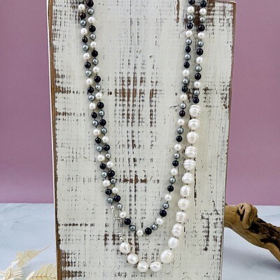 Handmade Necklace with black, white, grey pearls knotted on grey silk