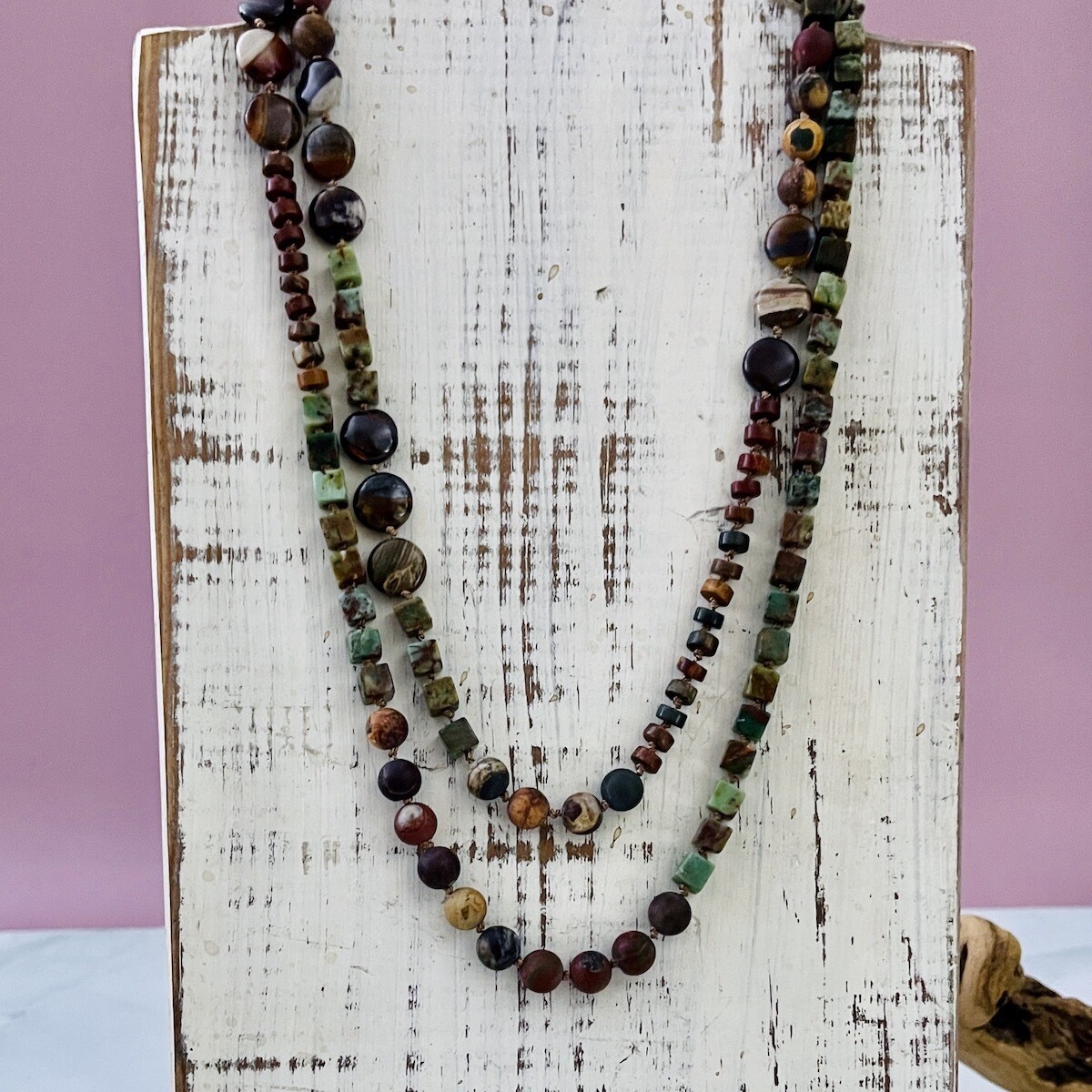 Handmade Necklace with jasper, petrified sood knotted on tan silk