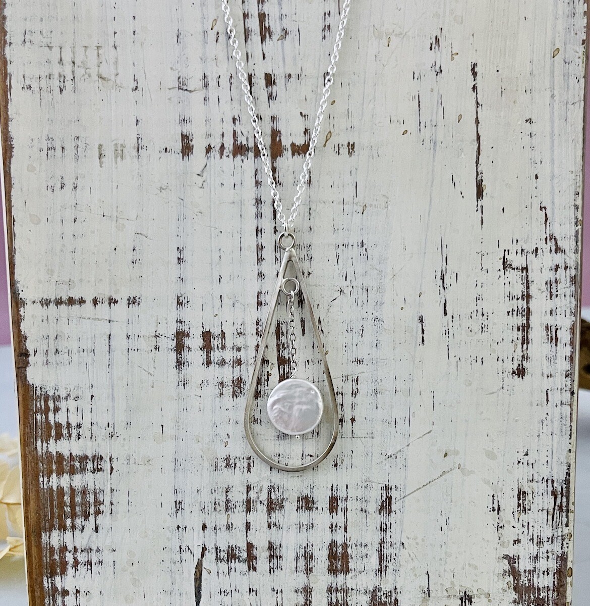 Handmade Necklace with square wire teardrop, white coin pearl