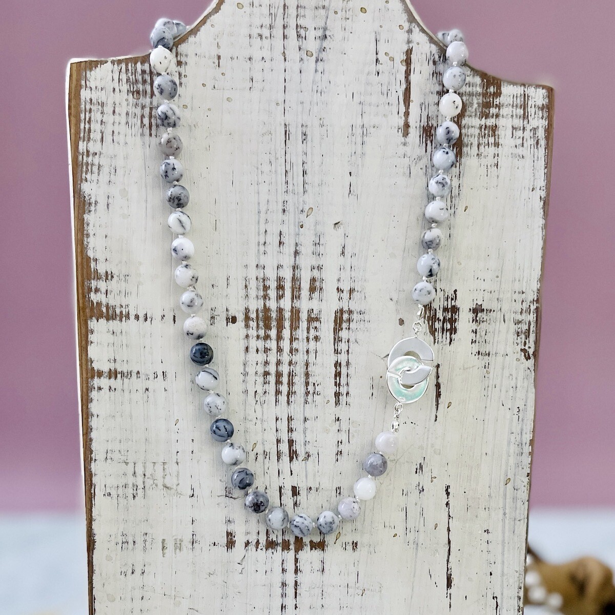 Handmade Necklace with dendritic opal knotted on white silk, interlocking c clasp