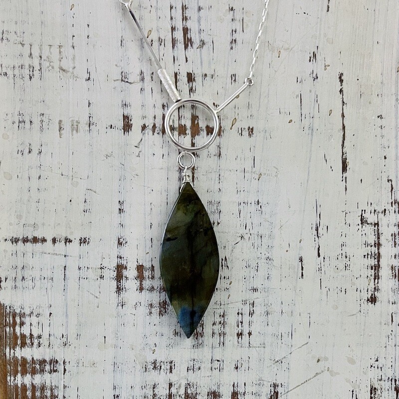 Handmade Necklace with labradorite marquise, circle with 2 bars
