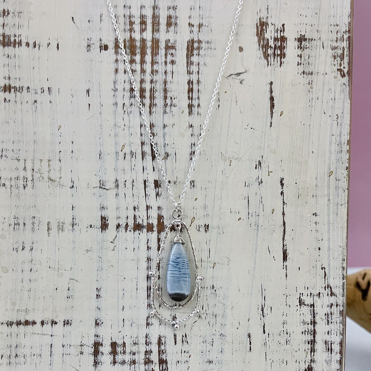 Handmade Necklace with granulated textured teardop, blue opal