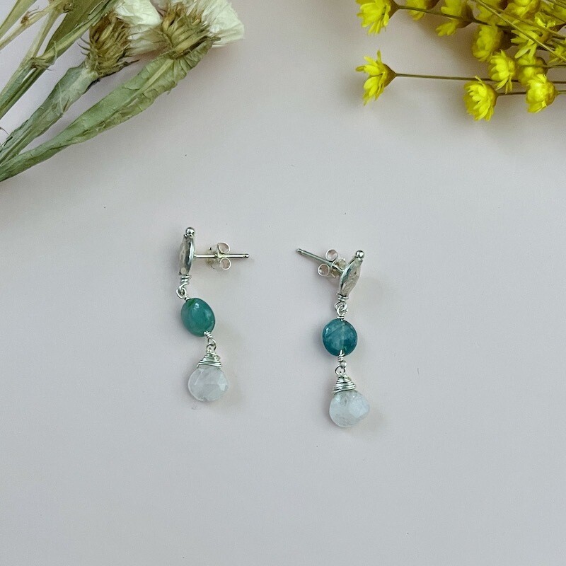 Handmade Earrings with brushed circle post, grandidereite coin, rainbow moonstone briolette