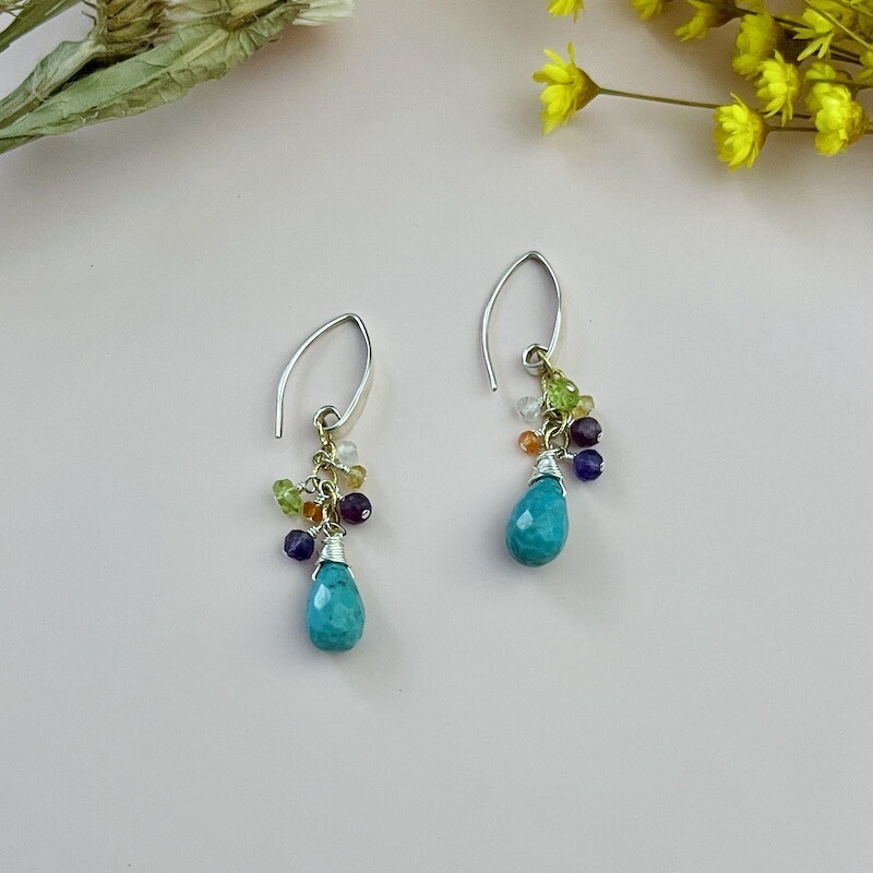 Handmade Earrings with wide shiny earwire, dangle 14 k g.f. chain peridot, amethyst, carnelian, ruby, citrine, turquoise briolette 1 3/4&quot;