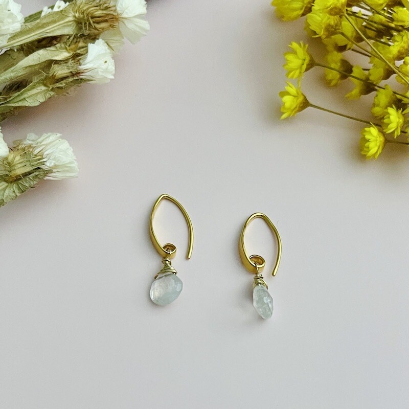 Handmade Earrings with wide 14 k g.f. earwire, rainbow moonstone 1&quot;