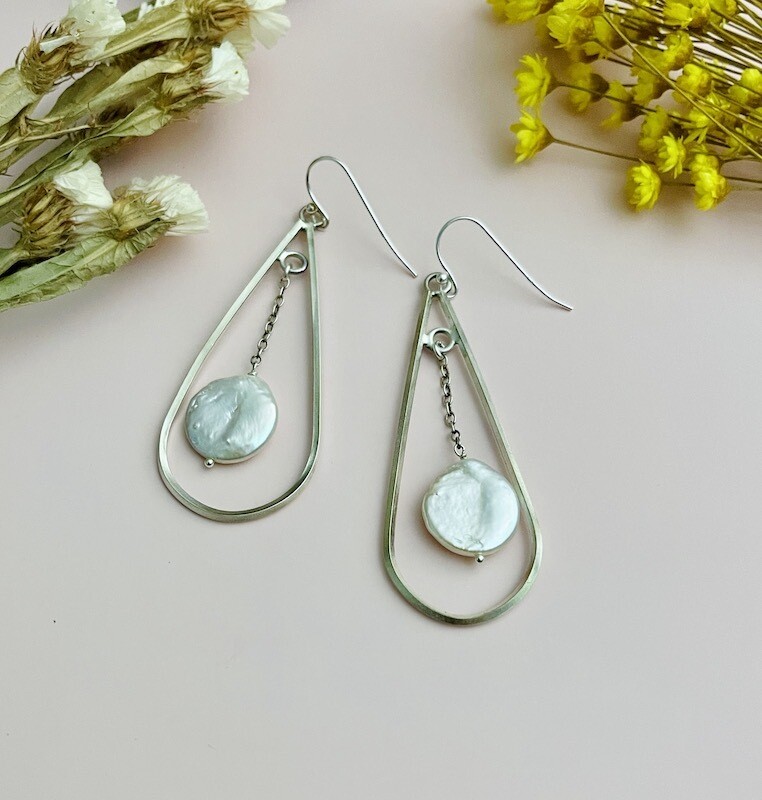 Handmade Earrings with silver teardrop with white coin pearl on chain
