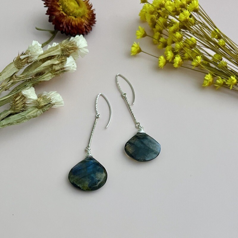 Handmade Earrings with textured marquise earwire, textured bar, labradorite briolette