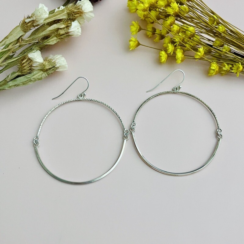 Handmade Earrings with round swing hoop, 1/2 textured/1/2 square 2 3/4&quot;