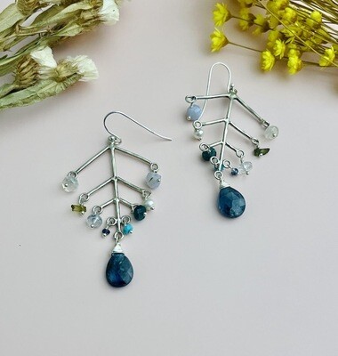 Handmade Earrings with branch with arms moss kyanite, sleeping beauty turquoise, blue lace agate, rainbow moonstone, sky blue topaz, grandidereite, green tourmaline