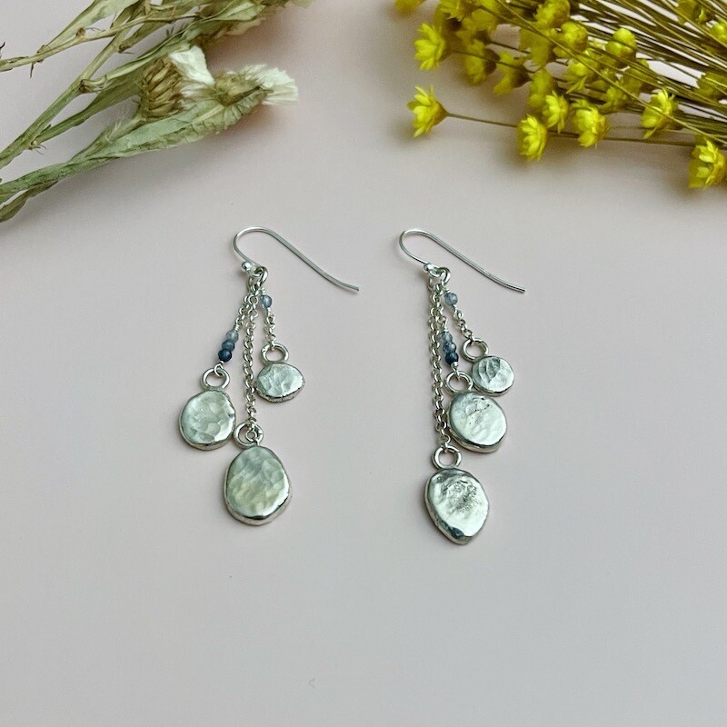 Handmade Earrings with 3 recycled silver pebbles, green sapphire