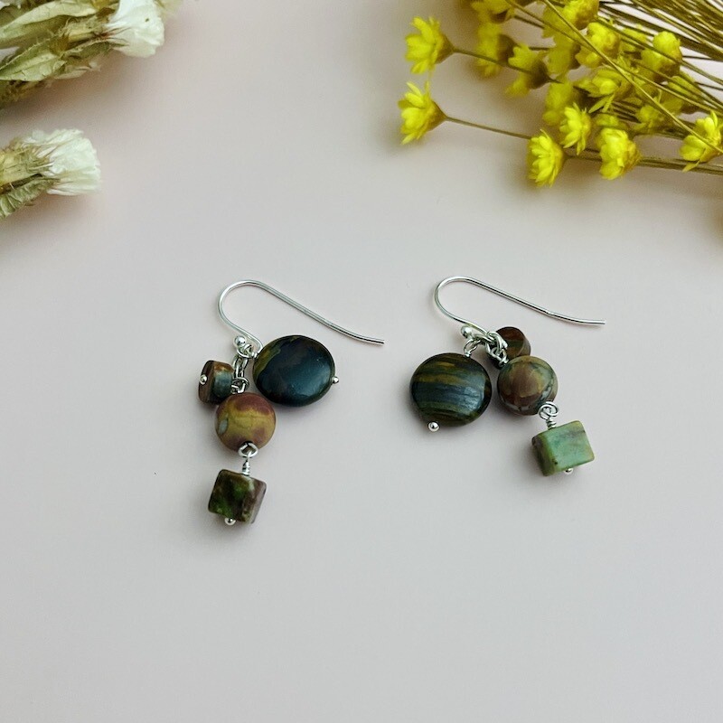 Handmade Earrings with dangle: jasper, petrified wood