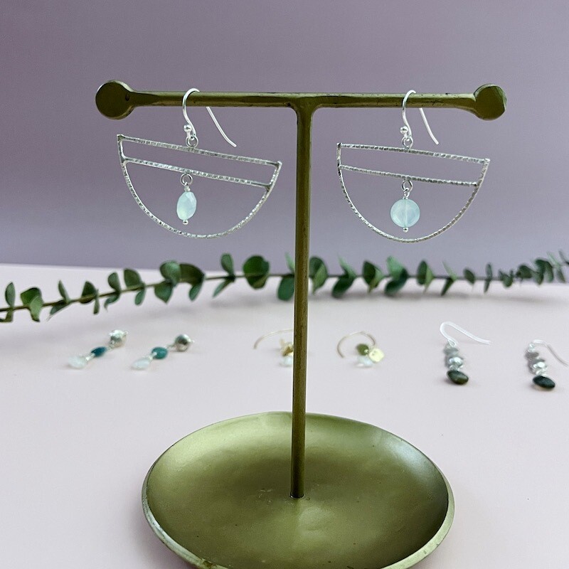 Handmade Earrings with textured 1/2 circle, peruvian chalcedony coin inside