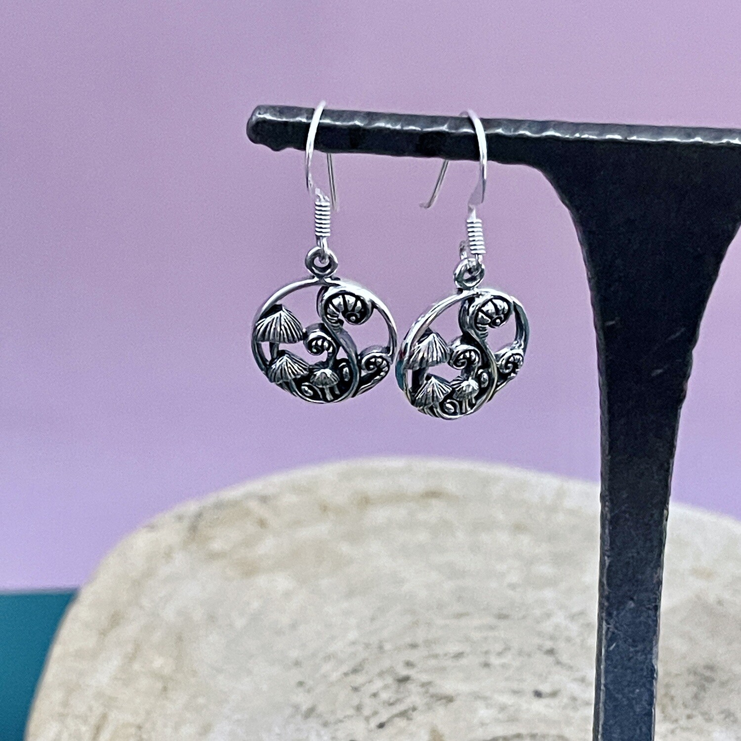Silver Mushroom and Fiddler Fern Earrings