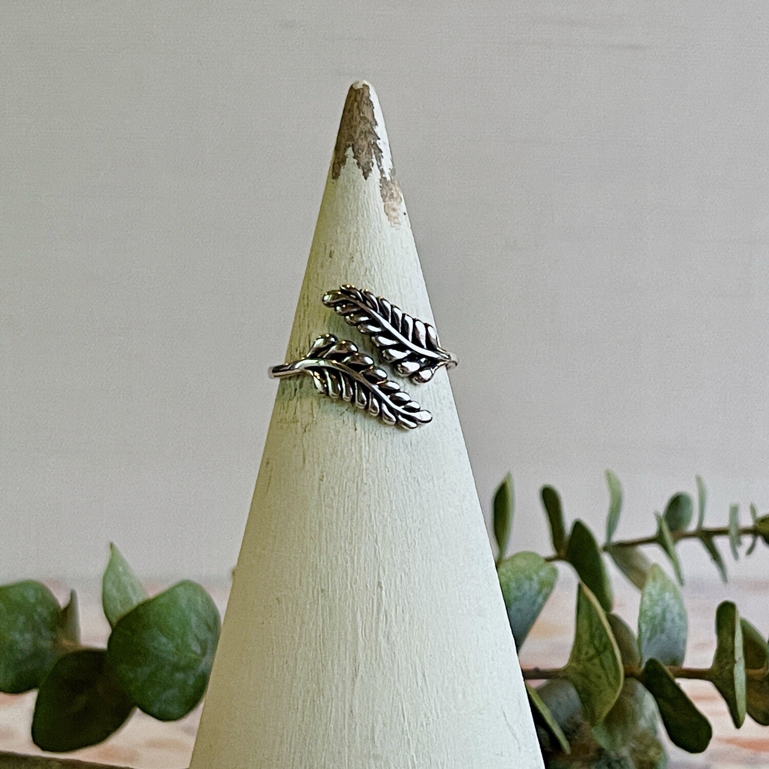 Silver Sprig Leaf Wrap Ring, adjustable