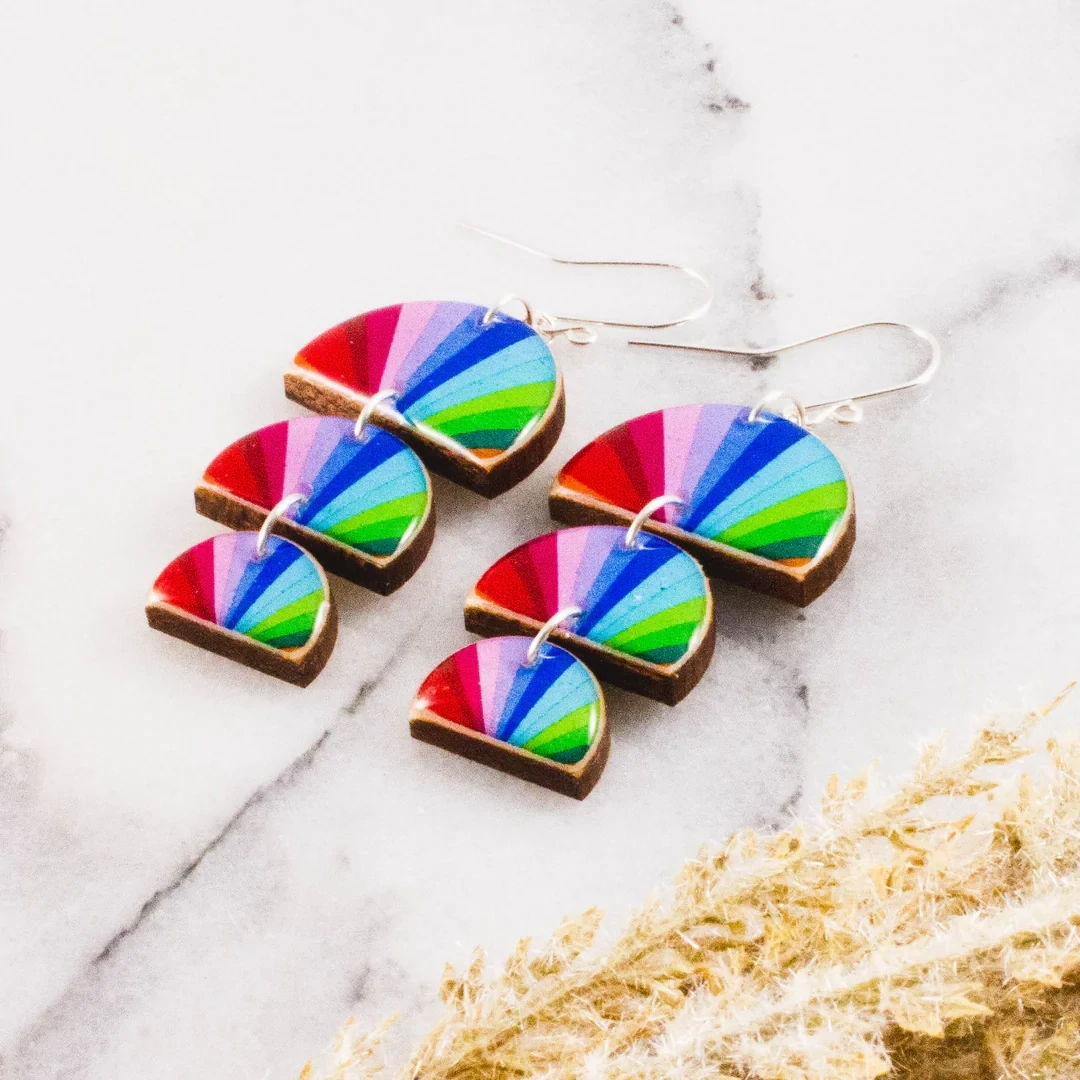 Rainbow Stripe Triple Half Circle Stack Earrings