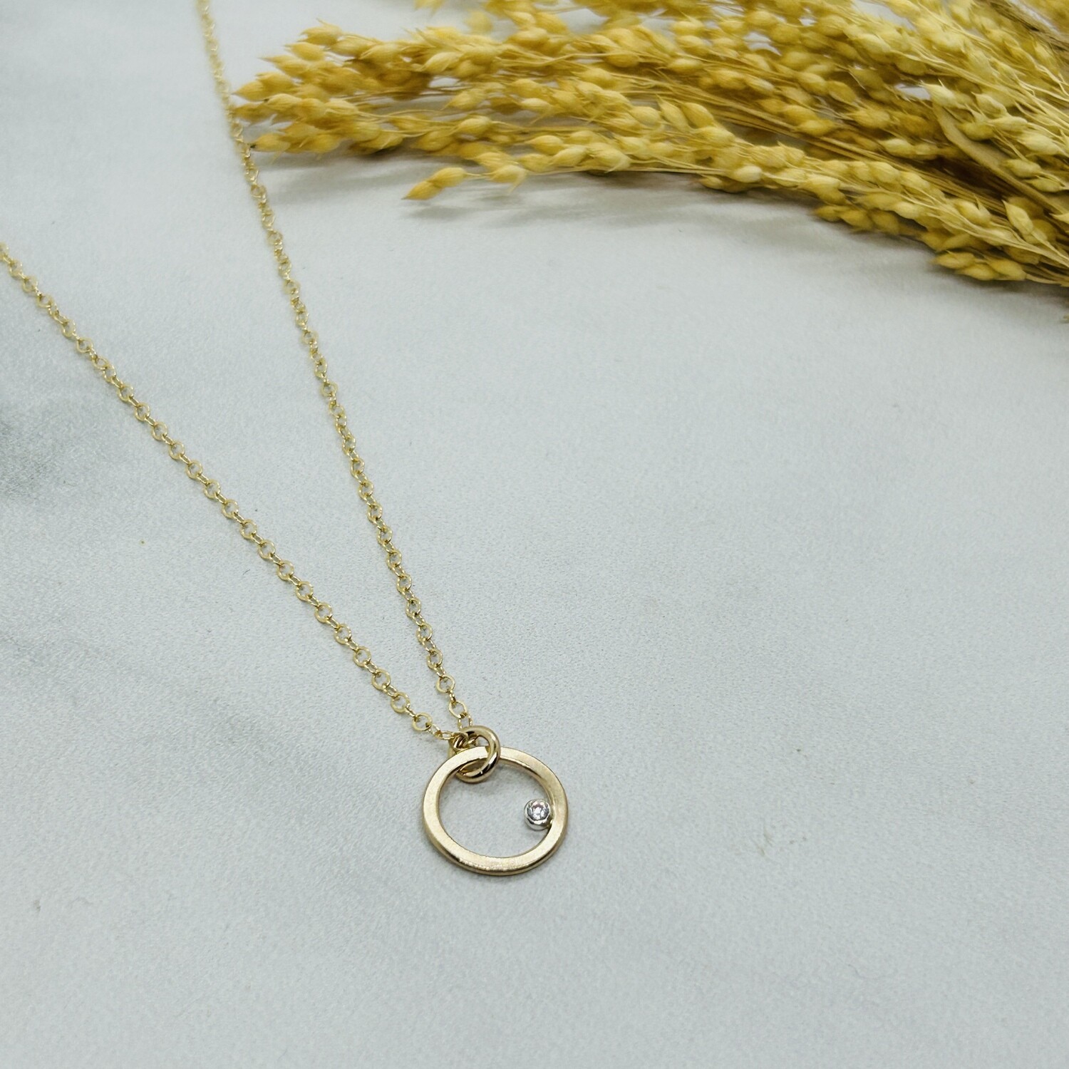 Handmade Hammered 14kt goldfill circle with 2mm faceted white cz on 14kt goldfill chain necklace – 17 inches plus 2″ adjustable extender