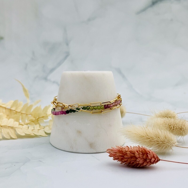 Handmade triple strand multi tourmaline and chain Vermeil bracelet