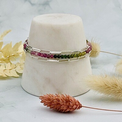 Handmade triple strand multi tourmaline and chain silver bracelet