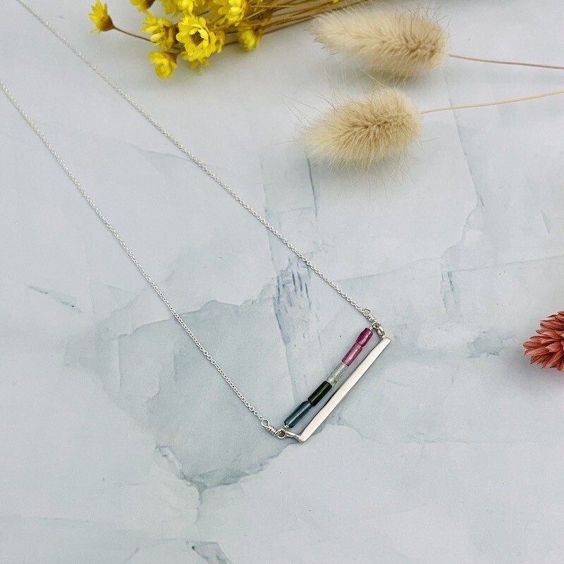 Handmade bar with multi tourmaline silver necklace