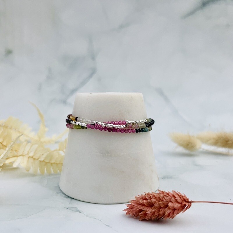 Handmade multi tourmaline wrap silver bracelet