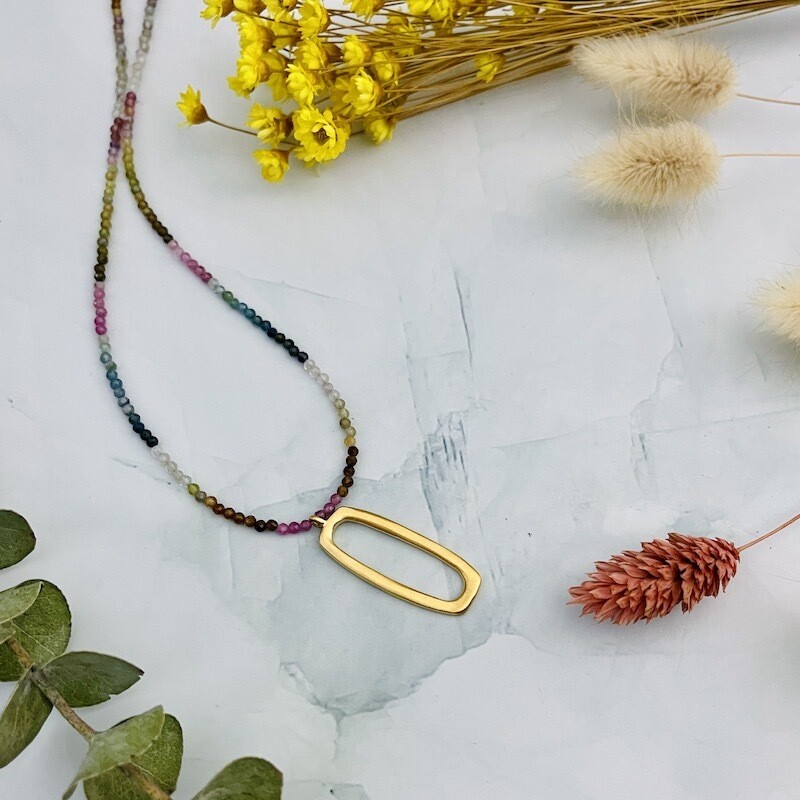 Handmade large rectangle on multi tourmaline vermeil necklace