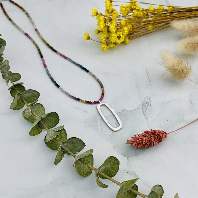 Handmade large rectangle on multi tourmaline silver necklace