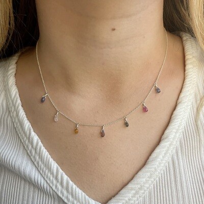 Handmade chain with multi sapphire drops silver necklace