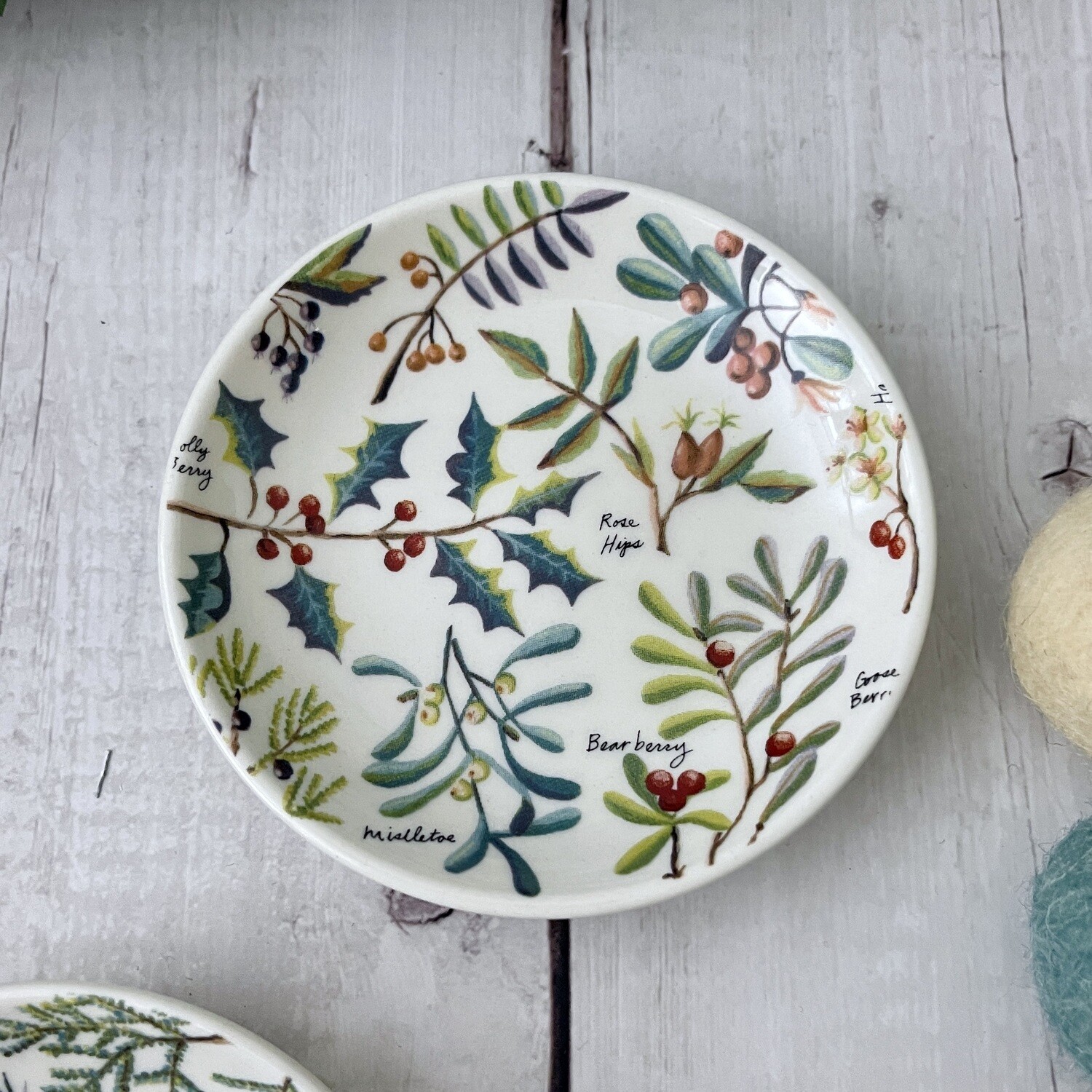 4&quot; Round Stoneware Plate w/ Evergreen Berries
