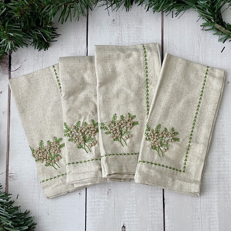 18&quot; Square Cotton &amp; Linen Napkins w/ Botanical, Embroidery &amp; French Knots, Set of 4