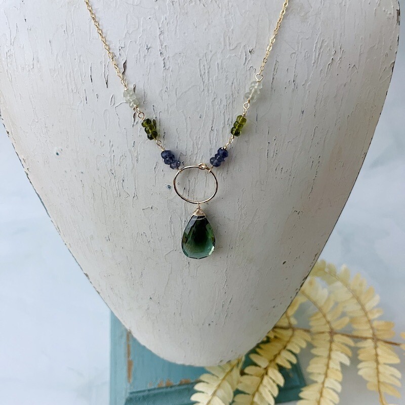 Large Green Amethyst Drop Goldfilled Necklace